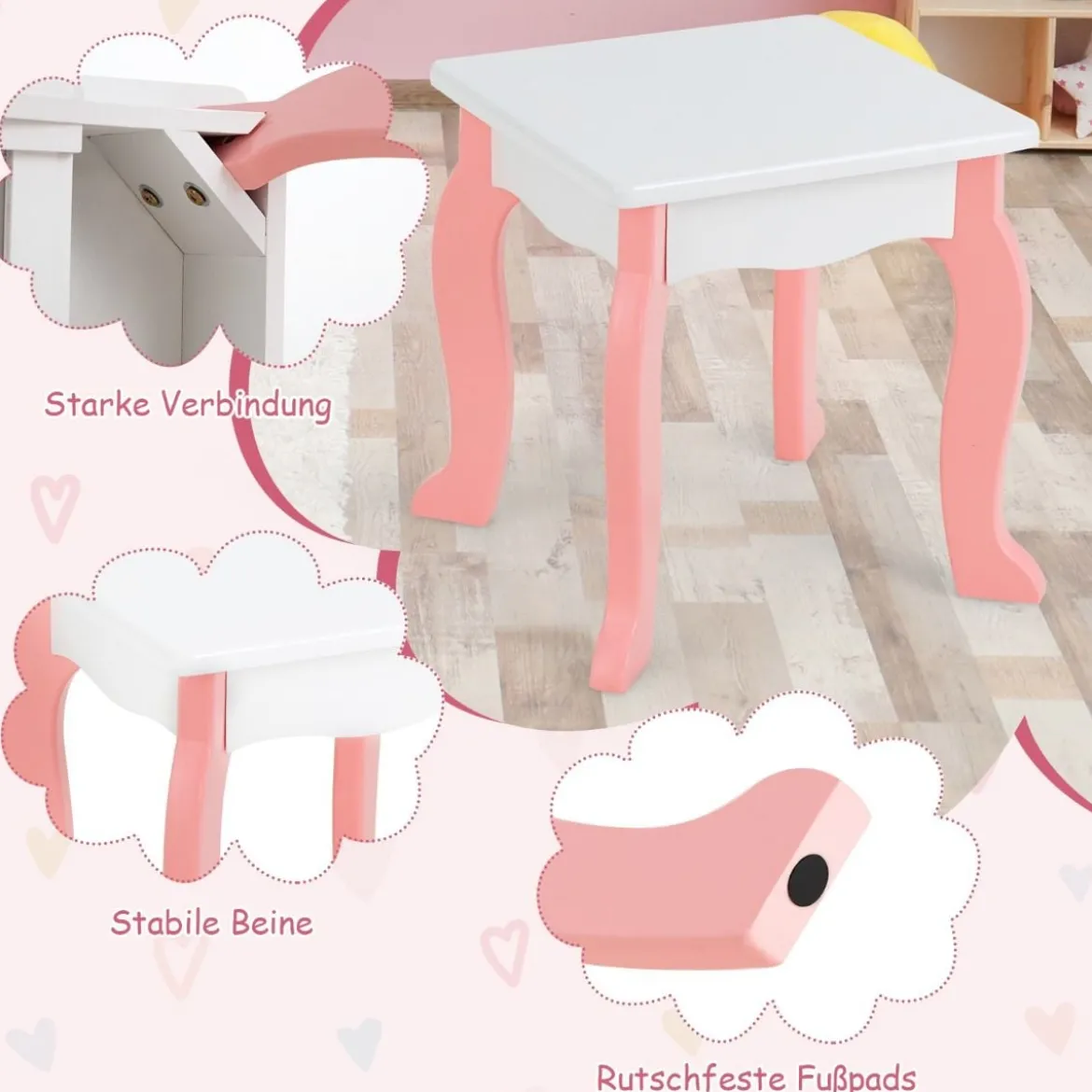 2-in-1-Kinder-Schminktisch-Set mit Spiegel Make-Up-Tisch 62 x 32 x 93 cm Rosa + Weiß