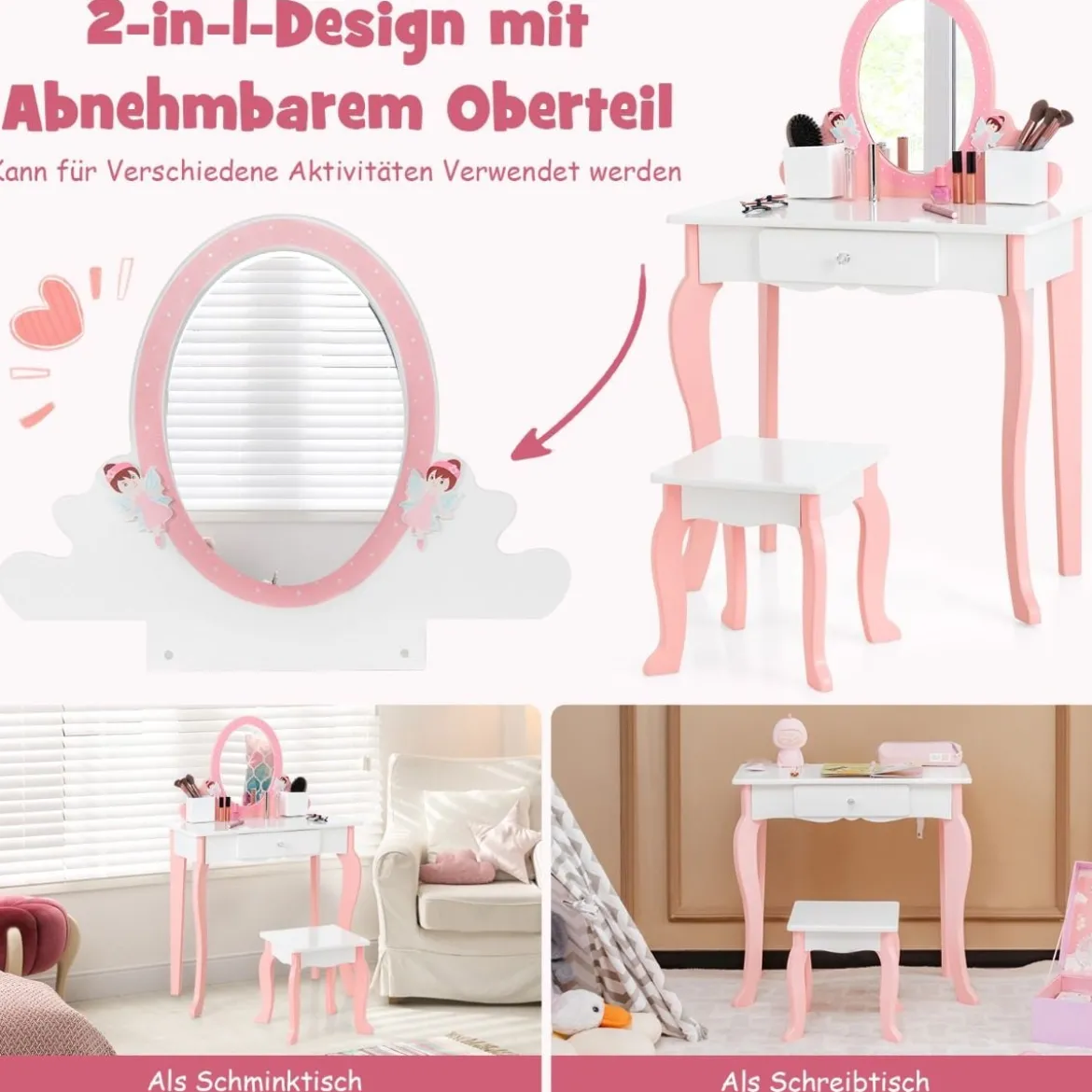 2-in-1-Kinder-Schminktisch-Set mit Spiegel Make-Up-Tisch 62 x 32 x 93 cm Rosa + Weiß