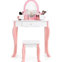 2-in-1-Kinder-Schminktisch-Set mit Spiegel Make-Up-Tisch 62 x 32 x 93 cm Rosa + Weiß