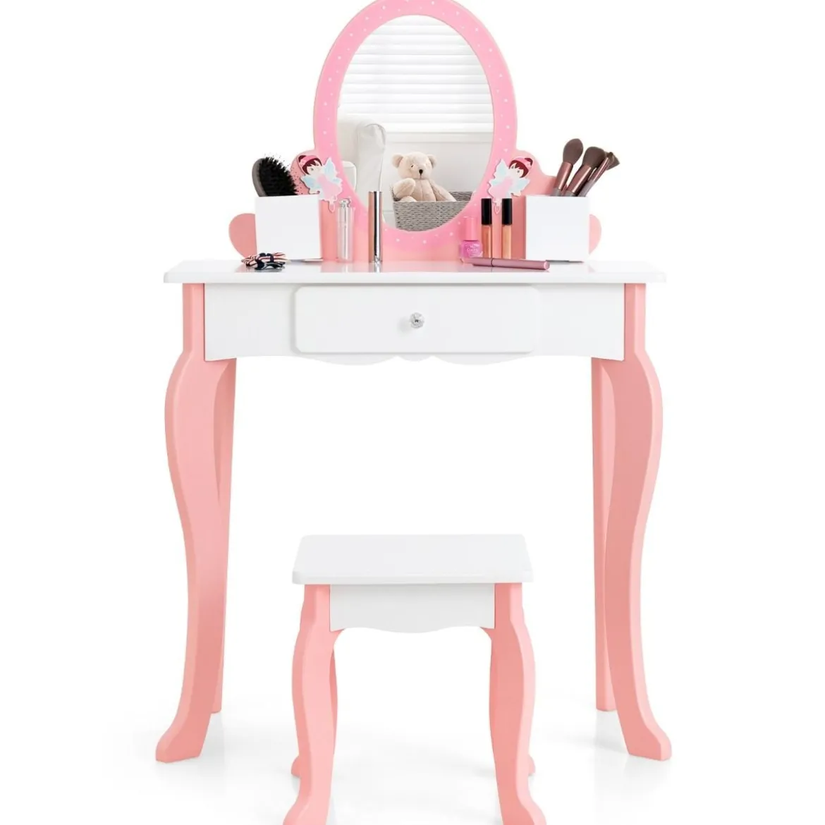 2-in-1-Kinder-Schminktisch-Set mit Spiegel Make-Up-Tisch 62 x 32 x 93 cm Rosa + Weiß