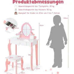 2-in-1-Kinder-Schminktisch-Set mit Spiegel Make-Up-Tisch 62 x 32 x 93 cm Rosa + Weiß