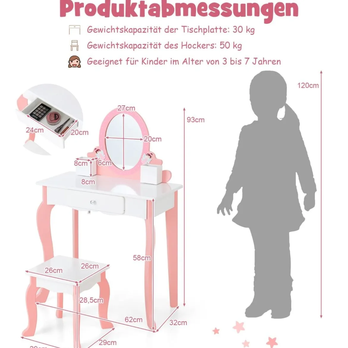 2-in-1-Kinder-Schminktisch-Set mit Spiegel Make-Up-Tisch 62 x 32 x 93 cm Rosa + Weiß