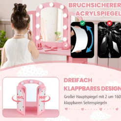 2 in 1 Kinder Schminktisch Set mit Abnehmbarem Spiegel & 3 Lichtfarben Makeup-Tisch Weiß