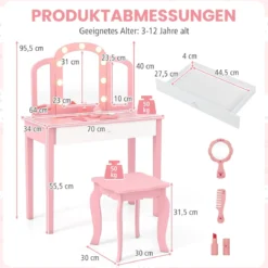 2 in 1 Kinder Schminktisch Set mit Abnehmbarem Spiegel & 3 Lichtfarben Makeup-Tisch Weiß