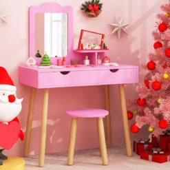 2 in 1 Kinder Schminktisch Set Schreibtisch & Hocker mit Spiegel 70 x 37 x 100 cm Weiß/Rosa