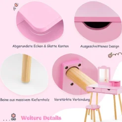 2 in 1 Kinder Schminktisch Set Schreibtisch & Hocker mit Spiegel 70 x 37 x 100 cm Weiß/Rosa