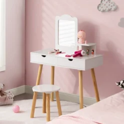 2 in 1 Kinder Schminktisch Set Schreibtisch & Hocker mit Spiegel 70 x 37 x 100 cm Weiß/Rosa