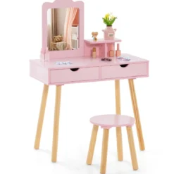 2 in 1 Kinder Schminktisch Set Schreibtisch & Hocker mit Spiegel 70 x 37 x 100 cm Weiß/Rosa