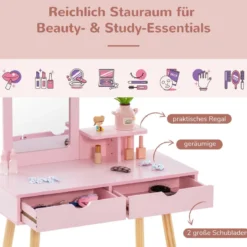 2 in 1 Kinder Schminktisch Set Schreibtisch & Hocker mit Spiegel 70 x 37 x 100 cm Weiß/Rosa