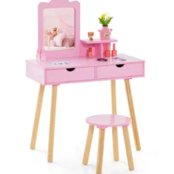 2 in 1 Kinder Schminktisch Set Schreibtisch & Hocker mit Spiegel 70 x 37 x 100 cm Weiß/Rosa