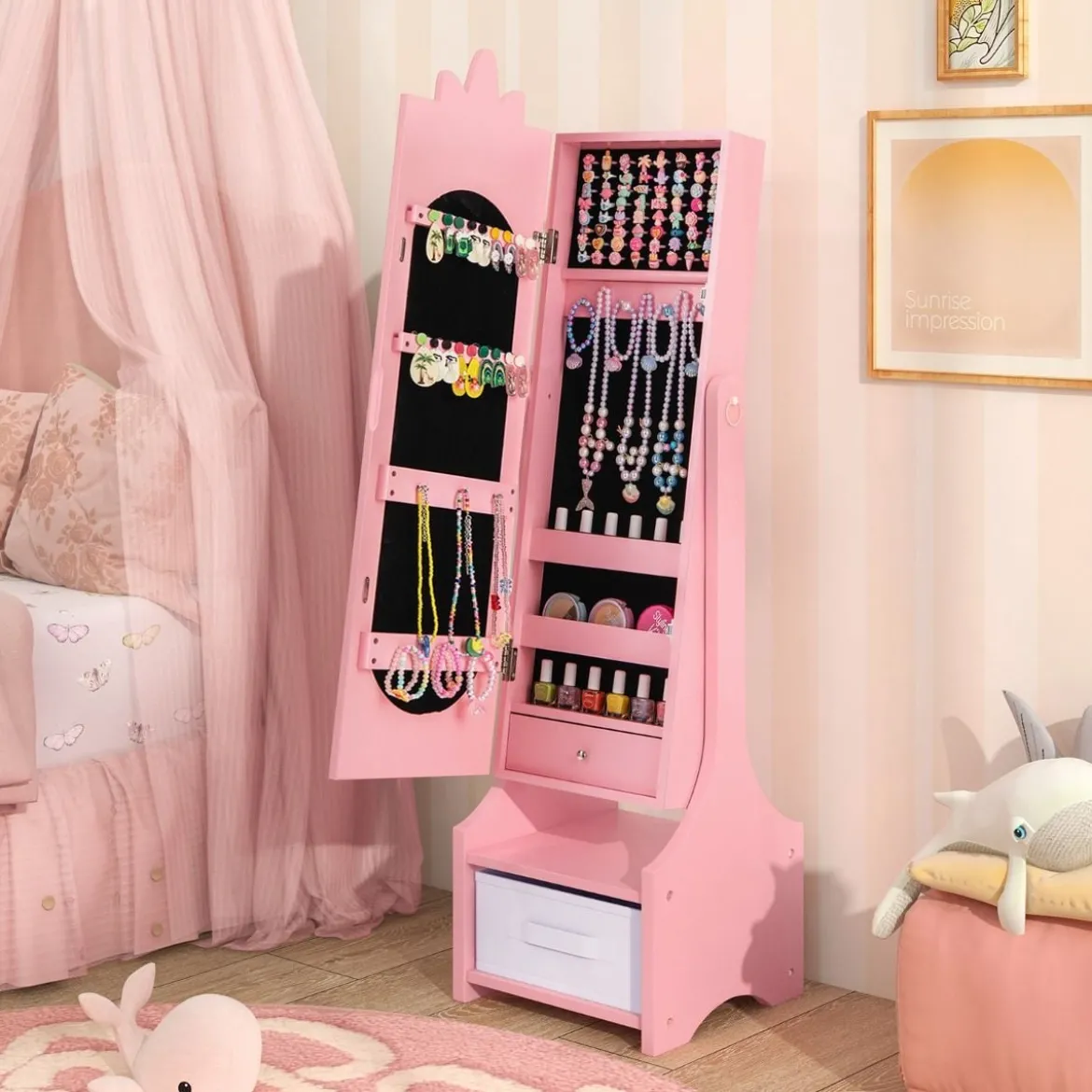 2 in 1 Kinder Schmuckschrank mit Ganzkörperspiegel & Schublade Spiegelschrank