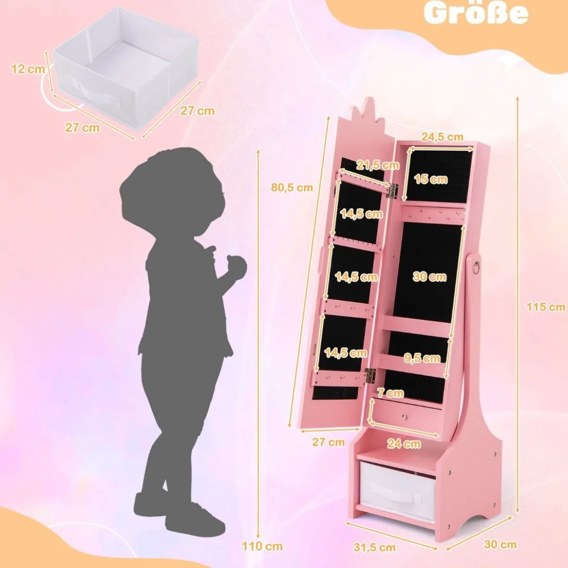 2 in 1 Kinder Schmuckschrank mit Ganzkörperspiegel & Schublade Spiegelschrank
