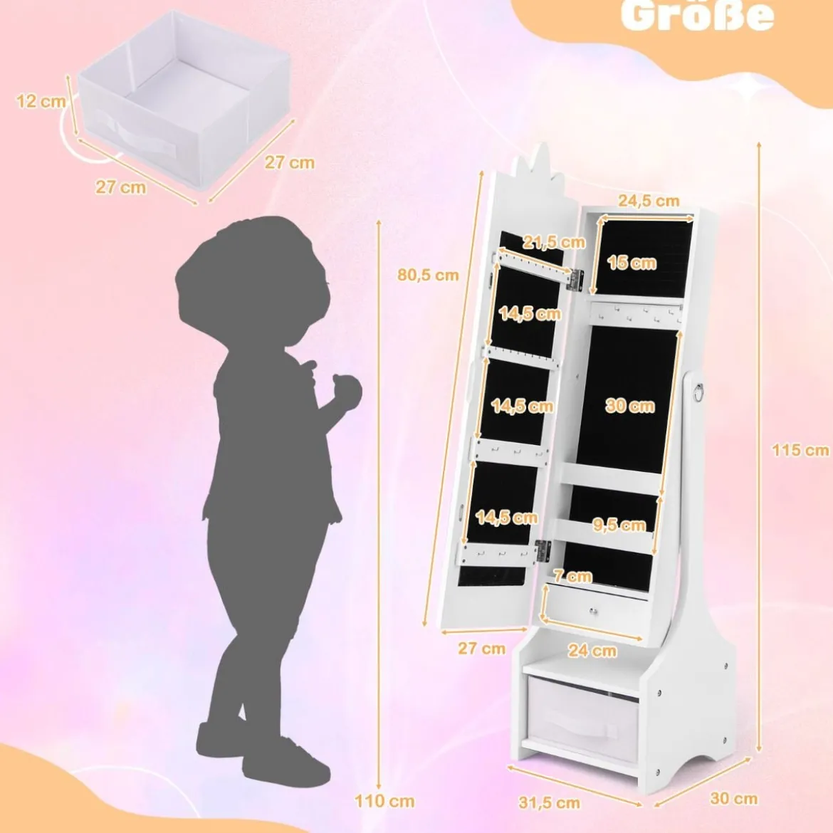 2 in 1 Kinder Schmuckschrank mit Ganzkörperspiegel & Schublade Spiegelschrank