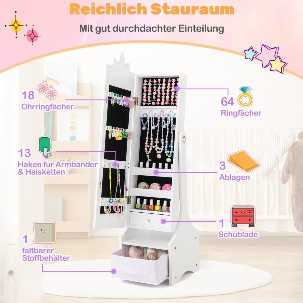 2 in 1 Kinder Schmuckschrank mit Ganzkörperspiegel & Schublade Spiegelschrank