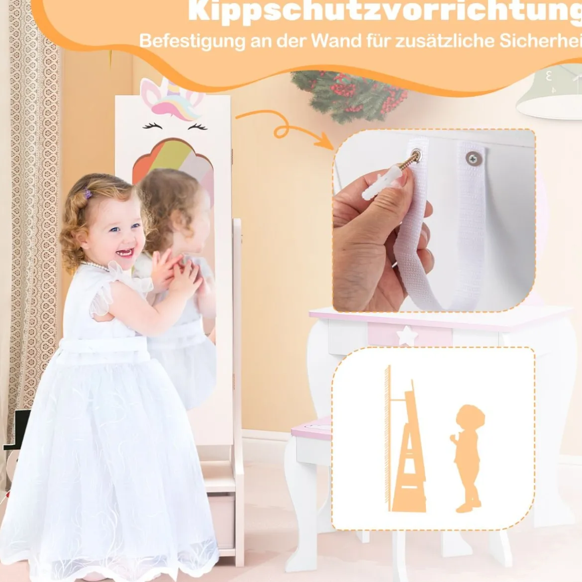 2 in 1 Kinder Schmuckschrank mit Ganzkörperspiegel & Schublade Spiegelschrank