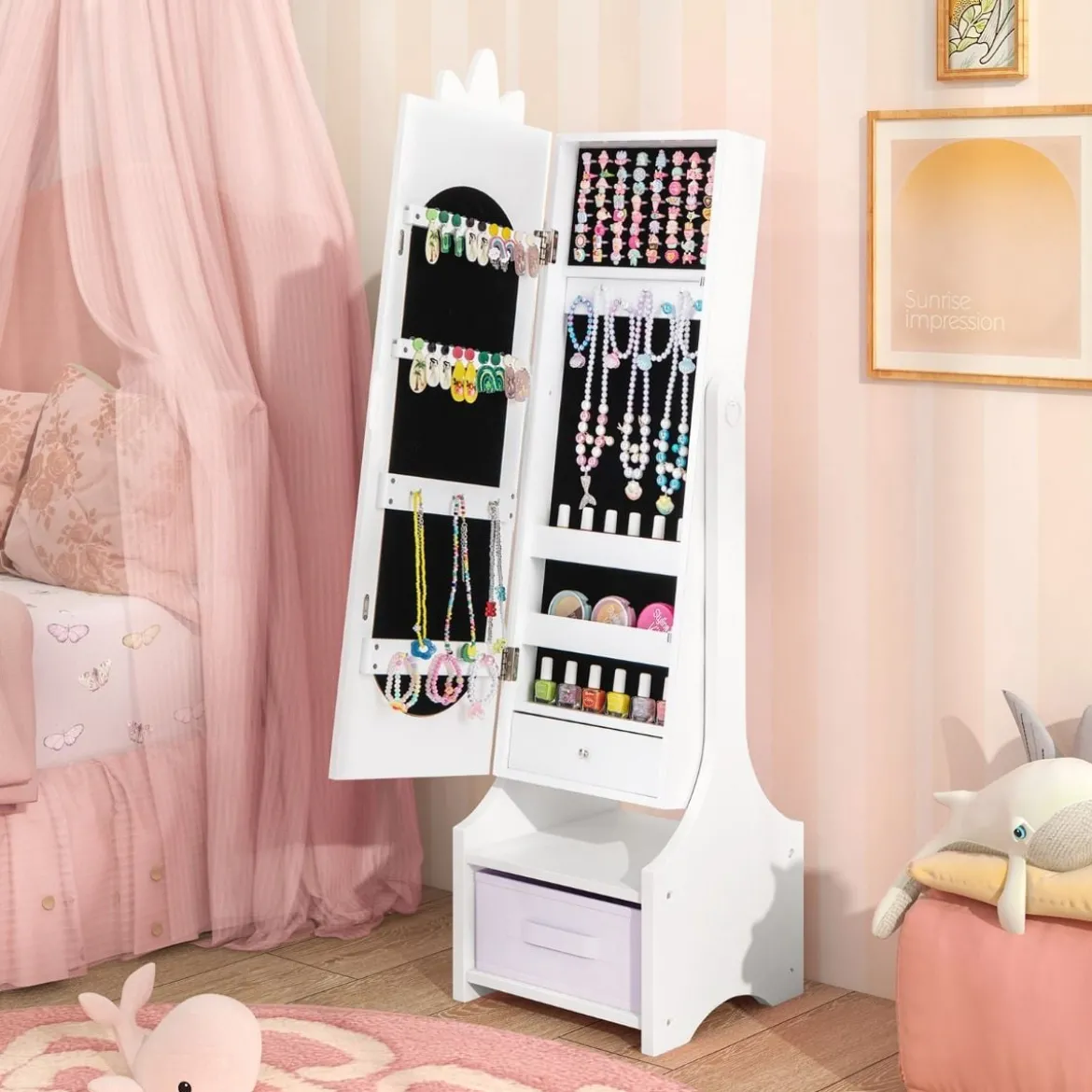 2 in 1 Kinder Schmuckschrank mit Ganzkörperspiegel & Schublade Spiegelschrank