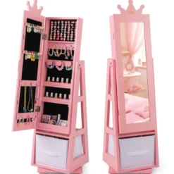 3 in 1 Kinder Schmuckschrank mit Ganzkörperspiegel & Aufbewahrungskorb Schmuckregal
