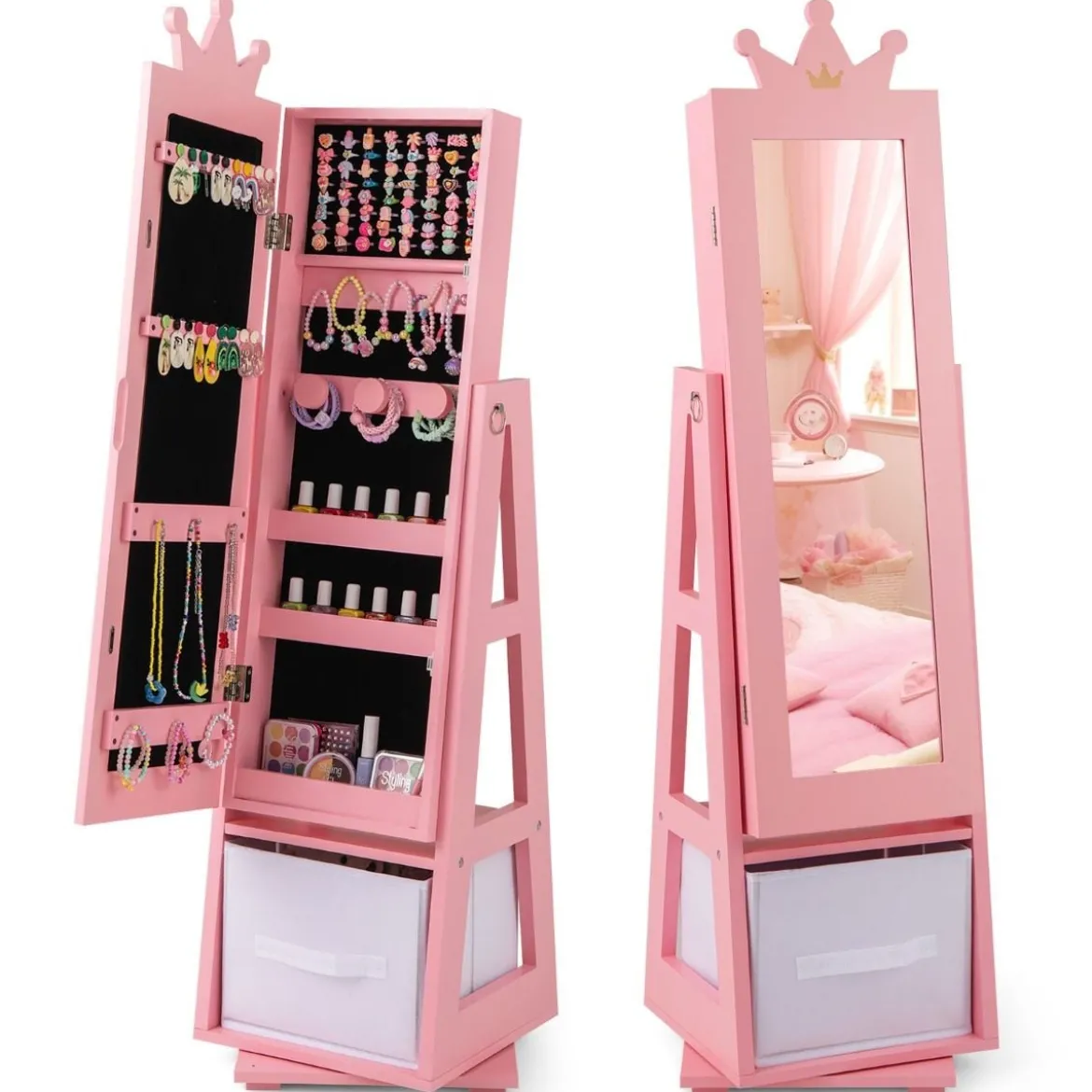 3 in 1 Kinder Schmuckschrank mit Ganzkörperspiegel & Aufbewahrungskorb Schmuckregal