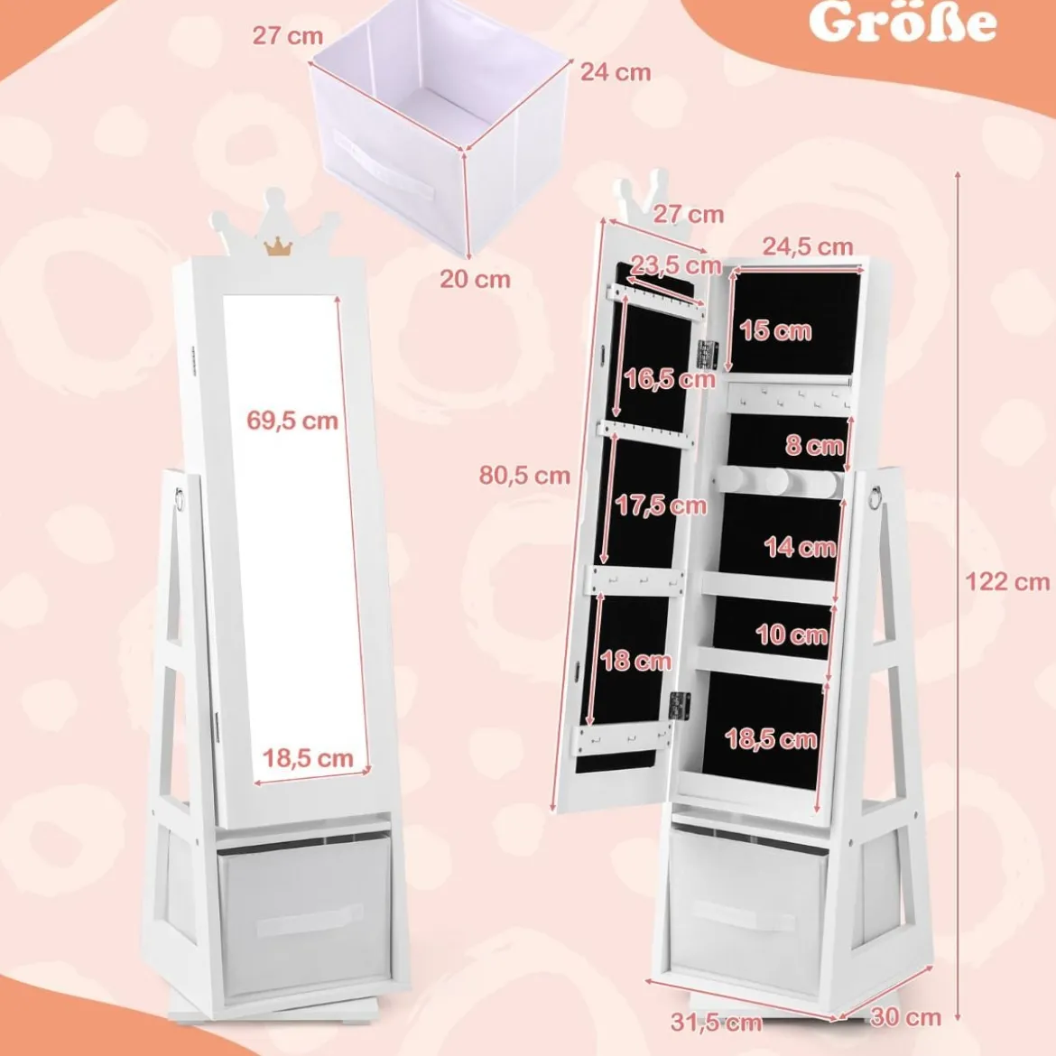 3 in 1 Kinder Schmuckschrank mit Ganzkörperspiegel & Aufbewahrungskorb Schmuckregal