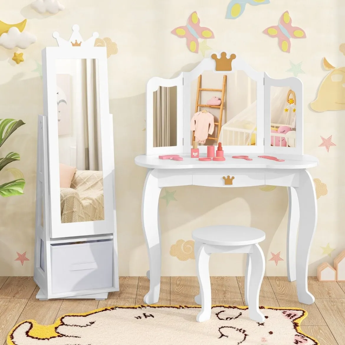 3 in 1 Kinder Schmuckschrank mit Ganzkörperspiegel & Aufbewahrungskorb Schmuckregal