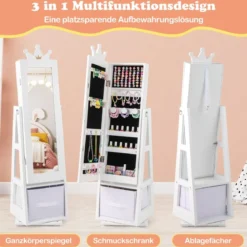 3 in 1 Kinder Schmuckschrank mit Ganzkörperspiegel & Aufbewahrungskorb Schmuckregal