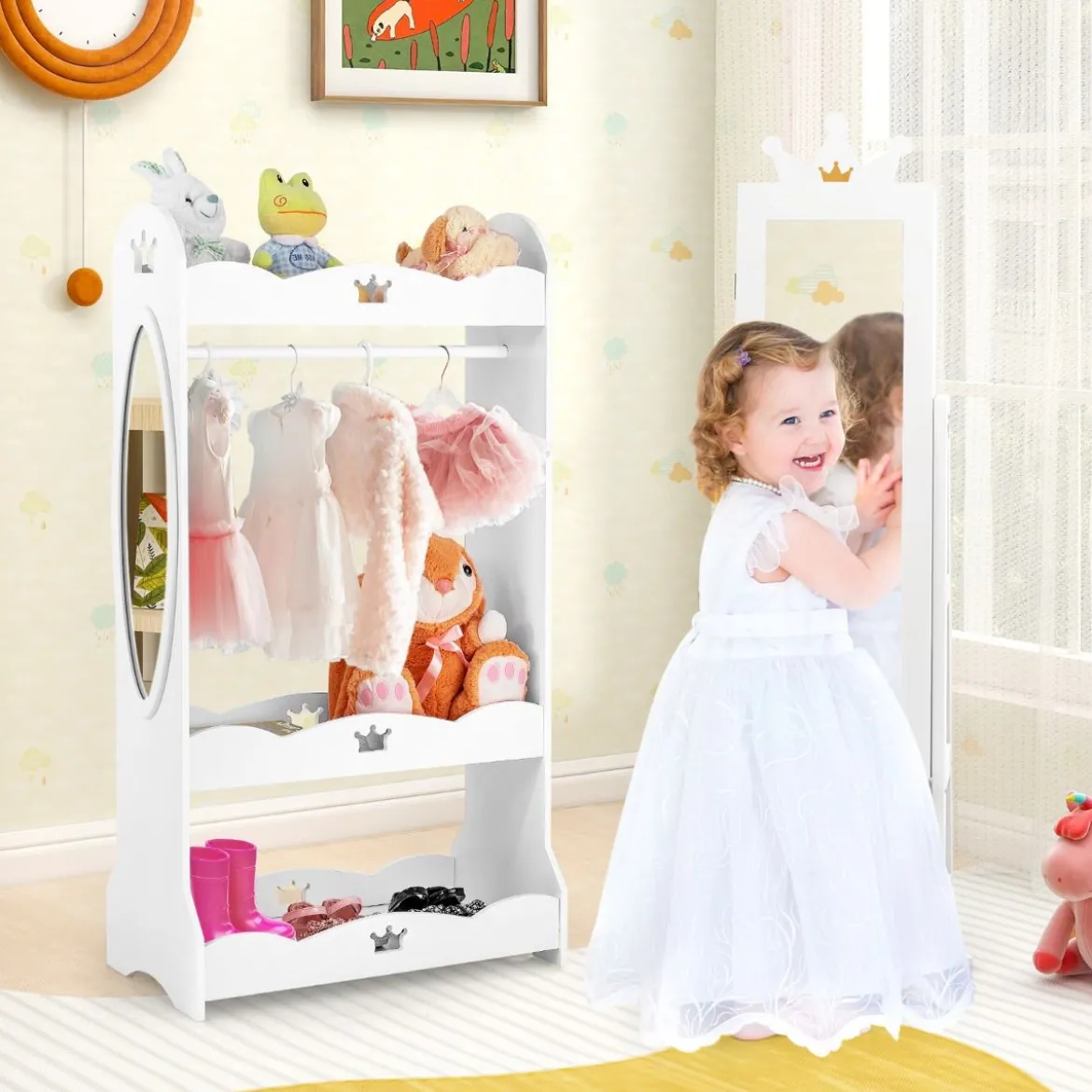 3 in 1 Kinder Schmuckschrank mit Ganzkörperspiegel & Aufbewahrungskorb Schmuckregal