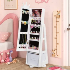 3 in 1 Kinder Schmuckschrank mit Ganzkörperspiegel & Aufbewahrungskorb Schmuckregal