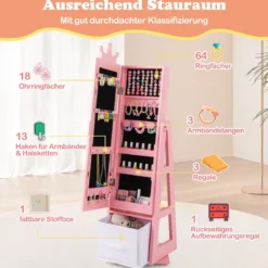 3 in 1 Kinder Schmuckschrank mit Ganzkörperspiegel & Aufbewahrungskorb Schmuckregal