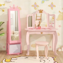3 in 1 Kinder Schmuckschrank mit Ganzkörperspiegel & Aufbewahrungskorb Schmuckregal
