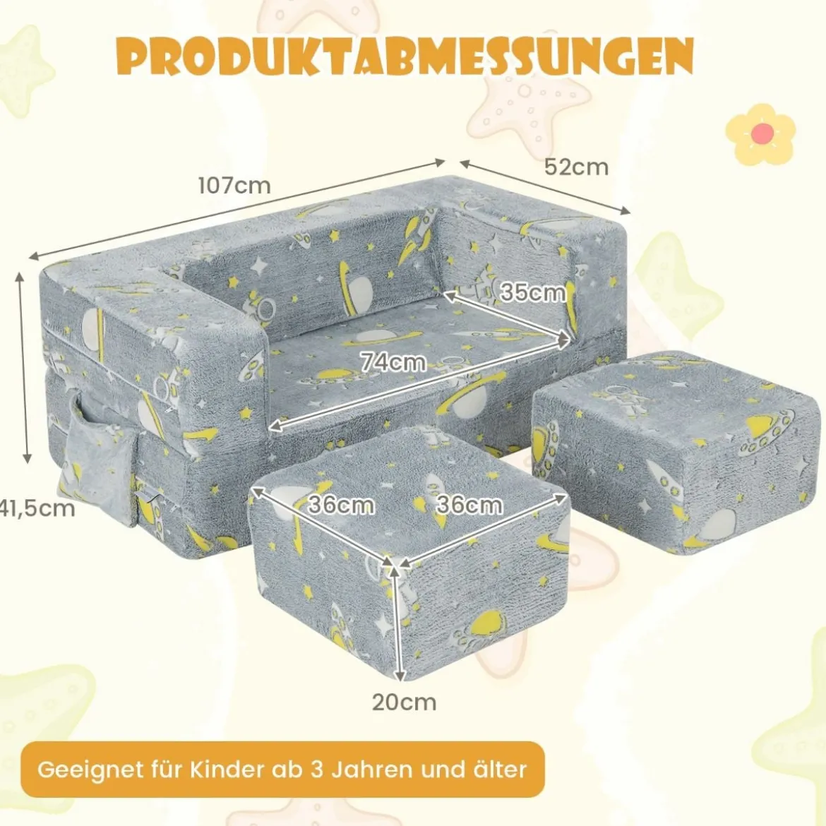 4 in 1 Kindersessel mit 2 Ottomanen & Abnehmbarem Bezug im Dunkeln Leuchtend 107 x 52 x 41,5 cm