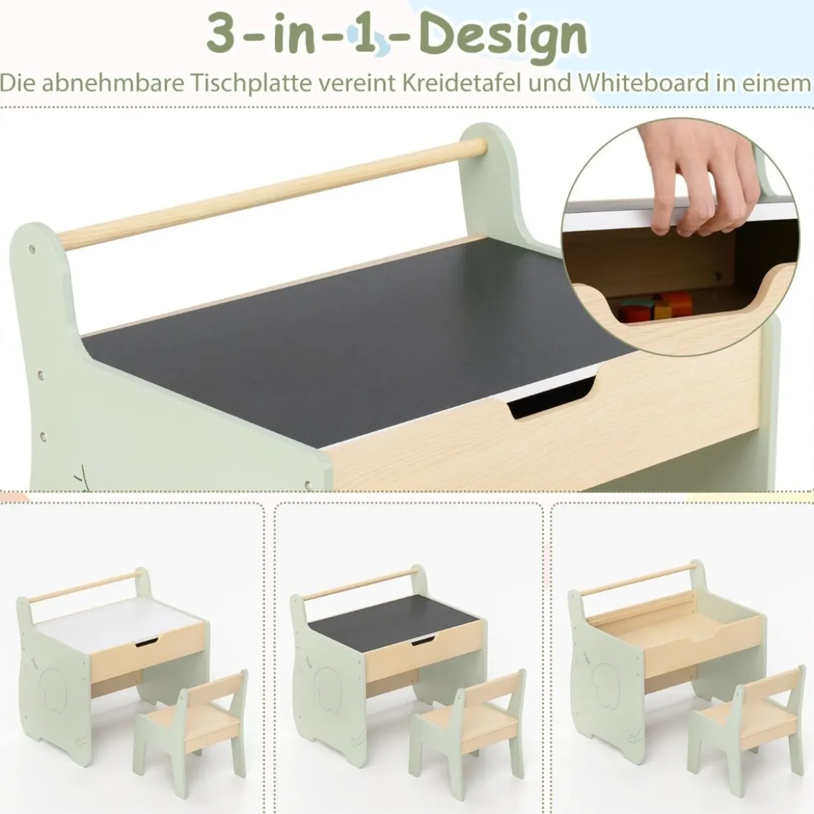 3 in 1 Kindersitzgruppe aus Holz Kindertisch mit Stuhl Kinder Maltisch mit Wendbarer Tischplatte