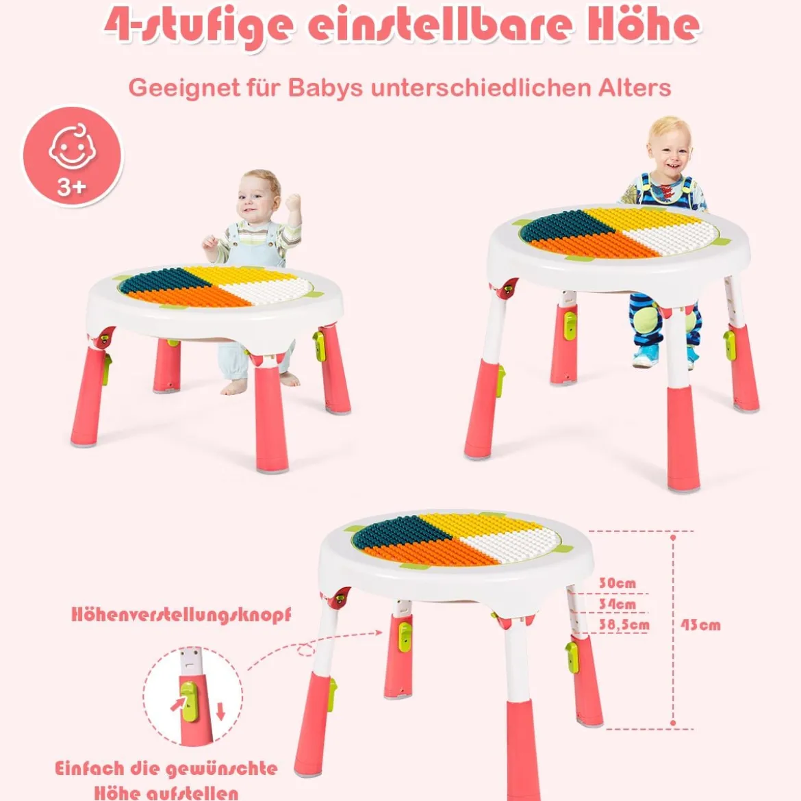 5 in 1 Kindersitzgruppe Kinder Spieltisch klappbar Spieltischset höhenverstellbar Sitzgruppe für Kinder mit Staufach Tisch & 2 Stühle Rosa