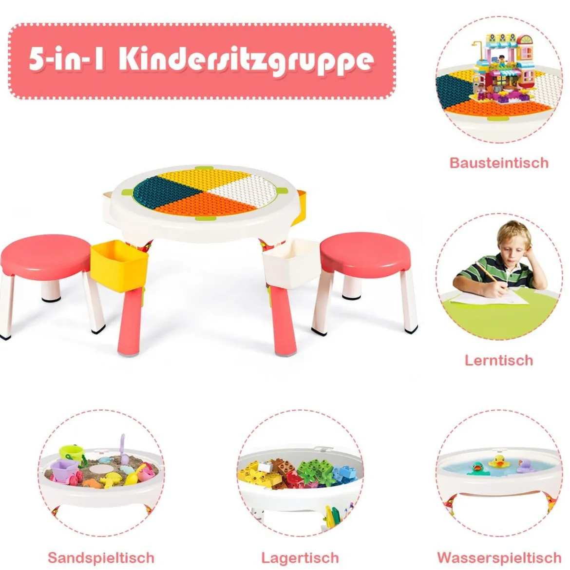5 in 1 Kindersitzgruppe Kinder Spieltisch klappbar Spieltischset höhenverstellbar Sitzgruppe für Kinder mit Staufach Tisch & 2 Stühle Rosa