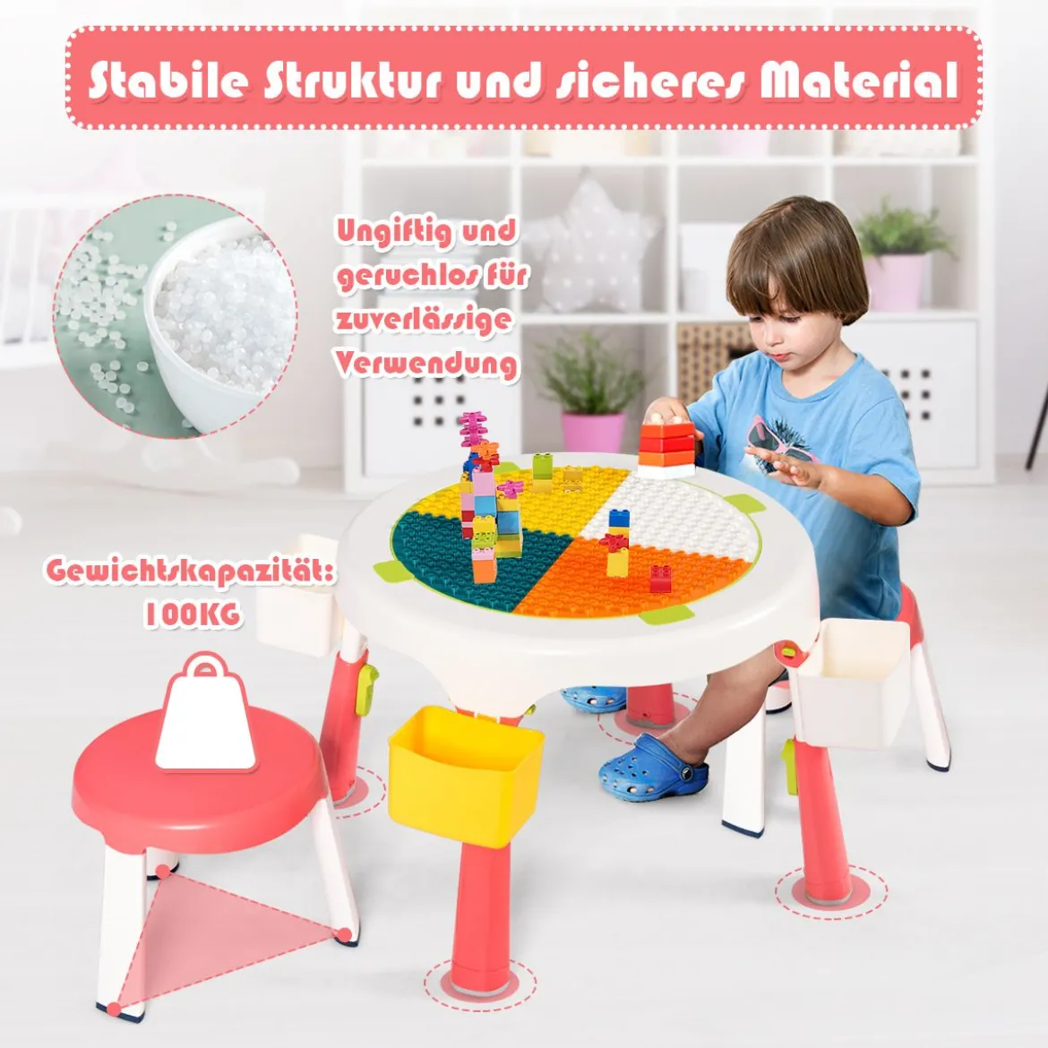 5 in 1 Kindersitzgruppe Kinder Spieltisch klappbar Spieltischset höhenverstellbar Sitzgruppe für Kinder mit Staufach Tisch & 2 Stühle Rosa