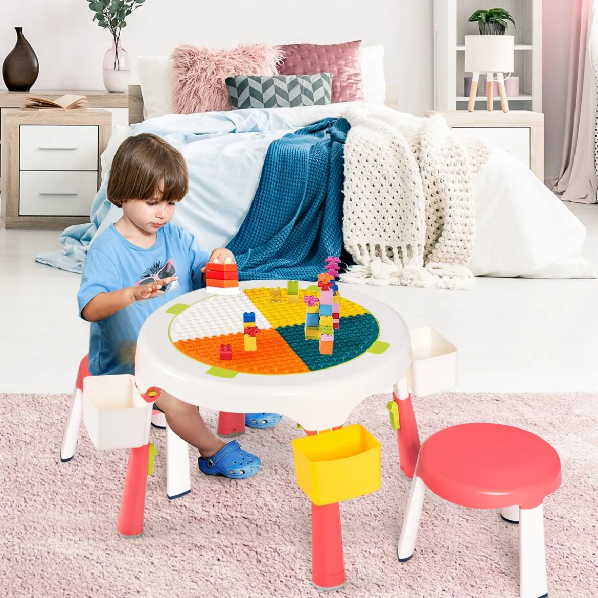 5 in 1 Kindersitzgruppe Kinder Spieltisch klappbar Spieltischset höhenverstellbar Sitzgruppe für Kinder mit Staufach Tisch & 2 Stühle Rosa