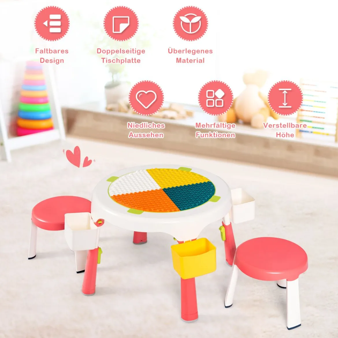 5 in 1 Kindersitzgruppe Kinder Spieltisch klappbar Spieltischset höhenverstellbar Sitzgruppe für Kinder mit Staufach Tisch & 2 Stühle Rosa