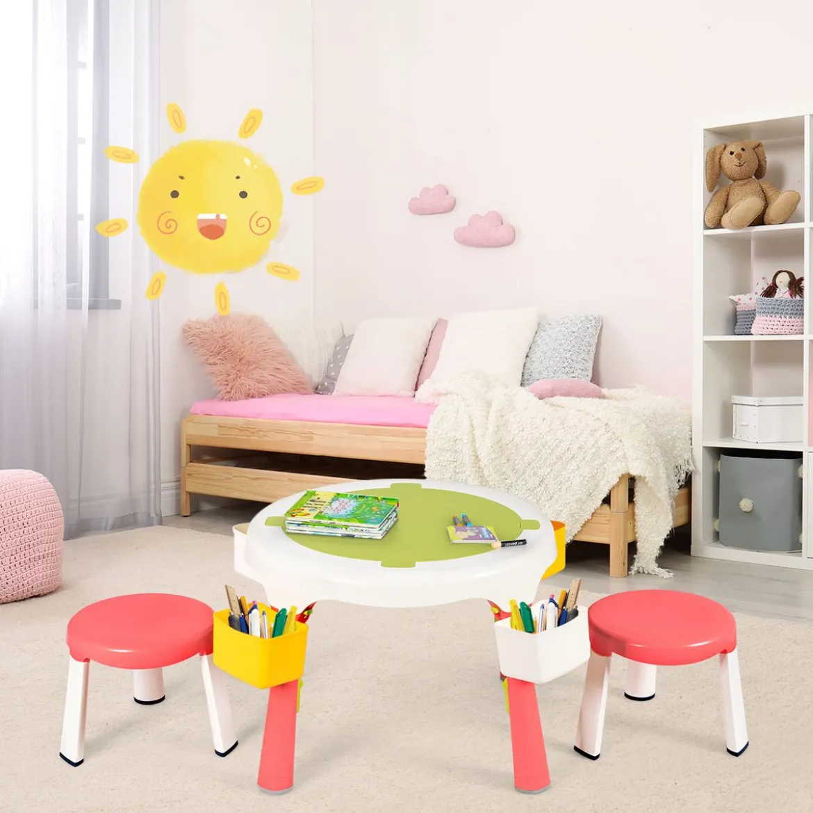5 in 1 Kindersitzgruppe Kinder Spieltisch klappbar Spieltischset höhenverstellbar Sitzgruppe für Kinder mit Staufach Tisch & 2 Stühle Rosa