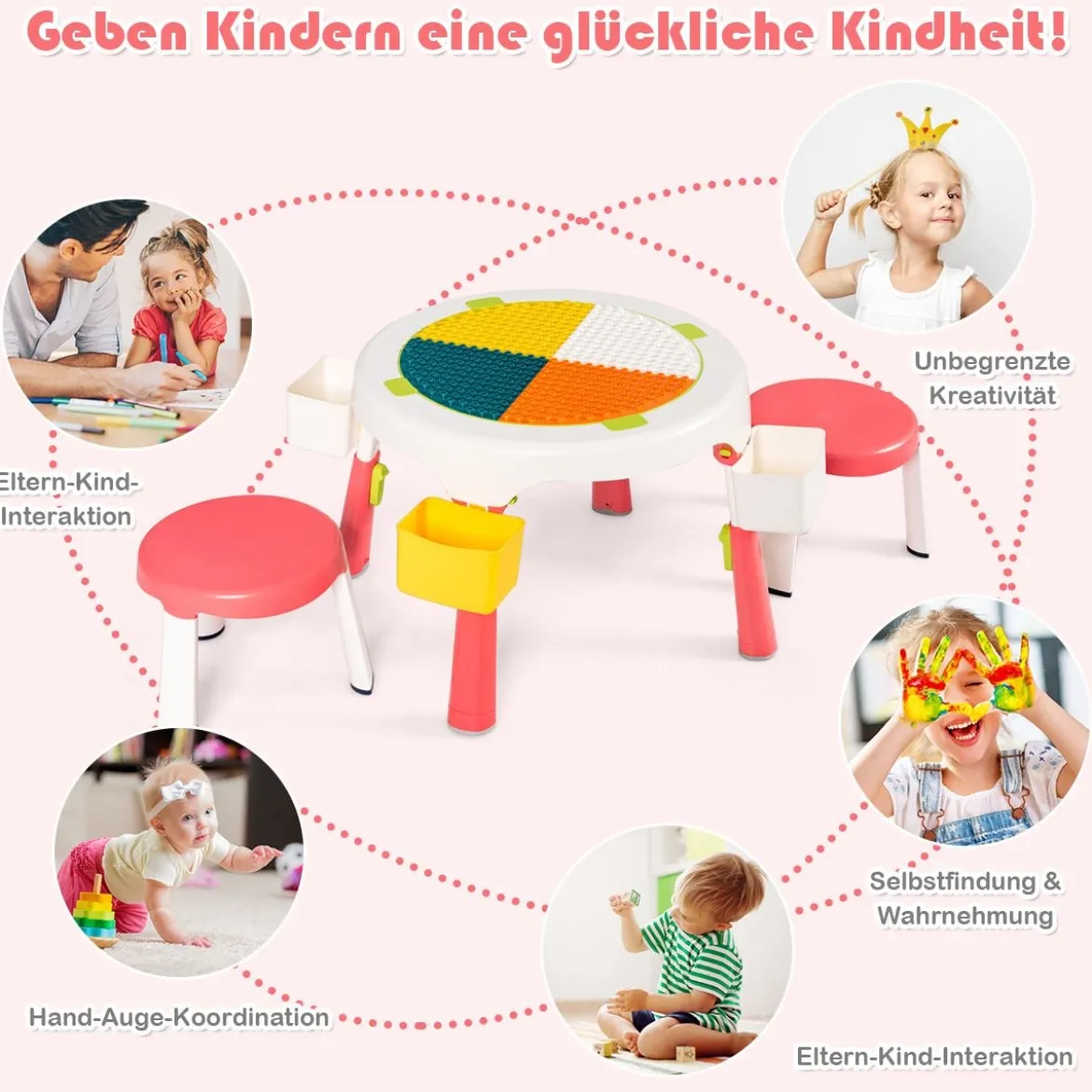 5 in 1 Kindersitzgruppe Kinder Spieltisch klappbar Spieltischset höhenverstellbar Sitzgruppe für Kinder mit Staufach Tisch & 2 Stühle Rosa