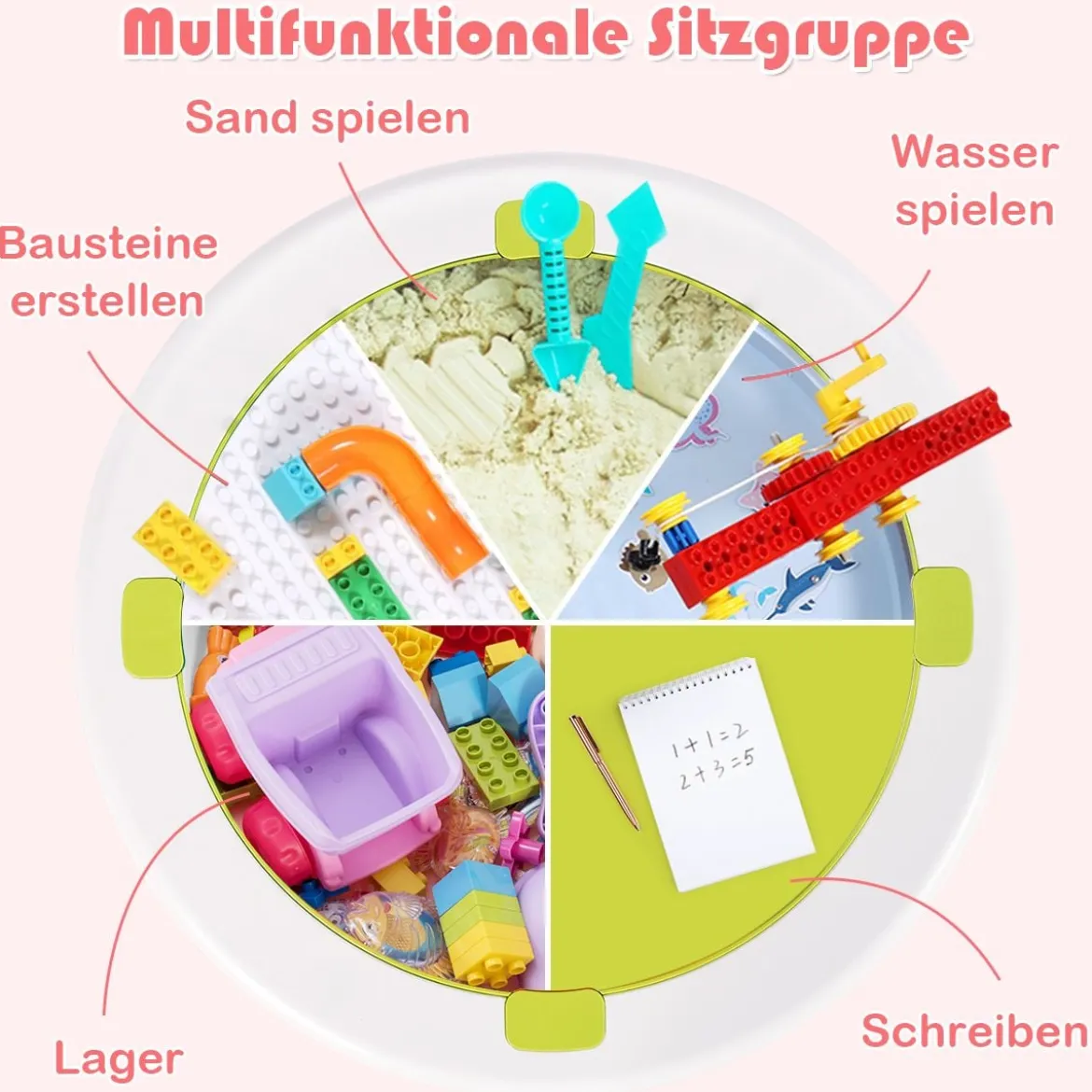 5 in 1 Kindersitzgruppe Kinder Spieltisch klappbar Spieltischset höhenverstellbar Sitzgruppe für Kinder mit Staufach Tisch & 2 Stühle Rosa