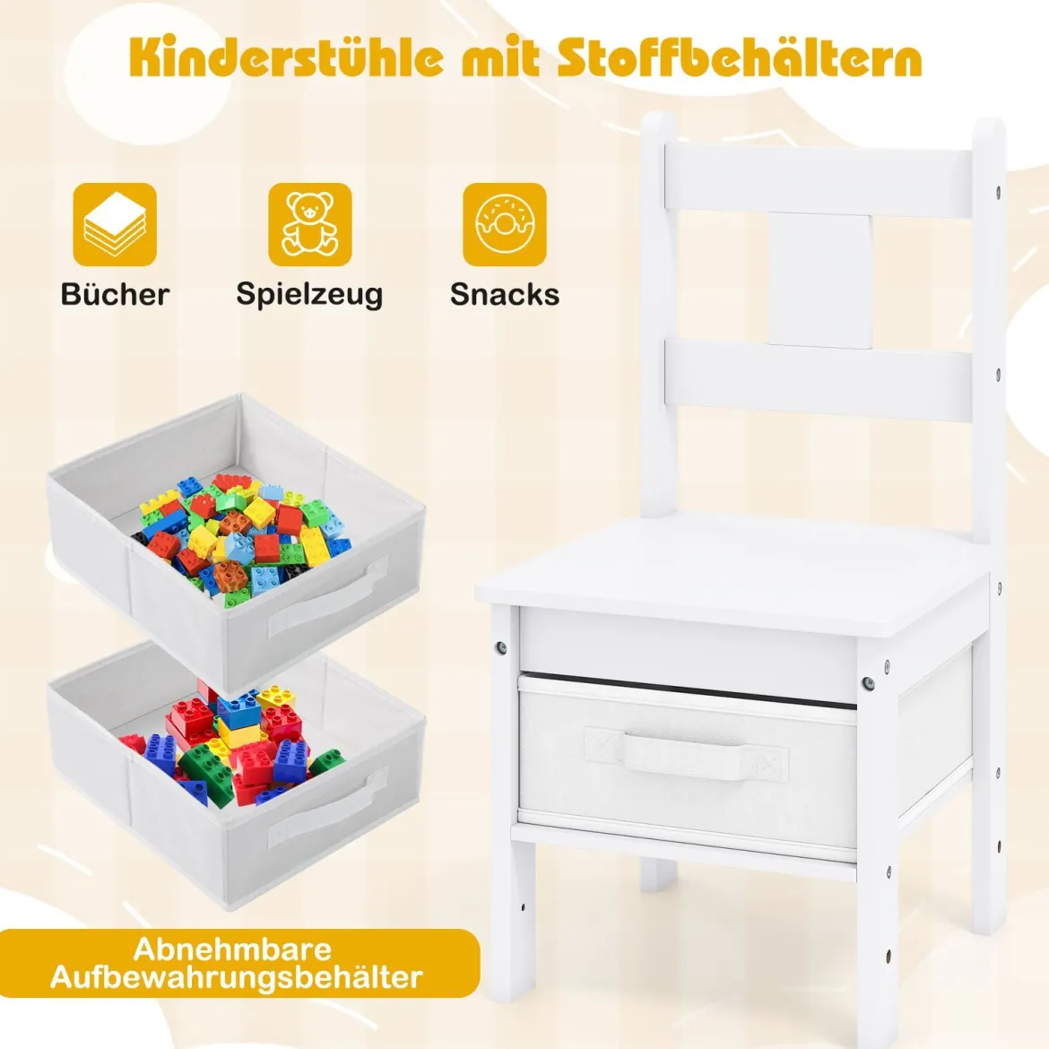 2 in 1 Kindersitzgruppe mit Katzenhaus 3 tlg. Kindertisch mit 2 Stühlen inkl. Stoffboxen Weiß