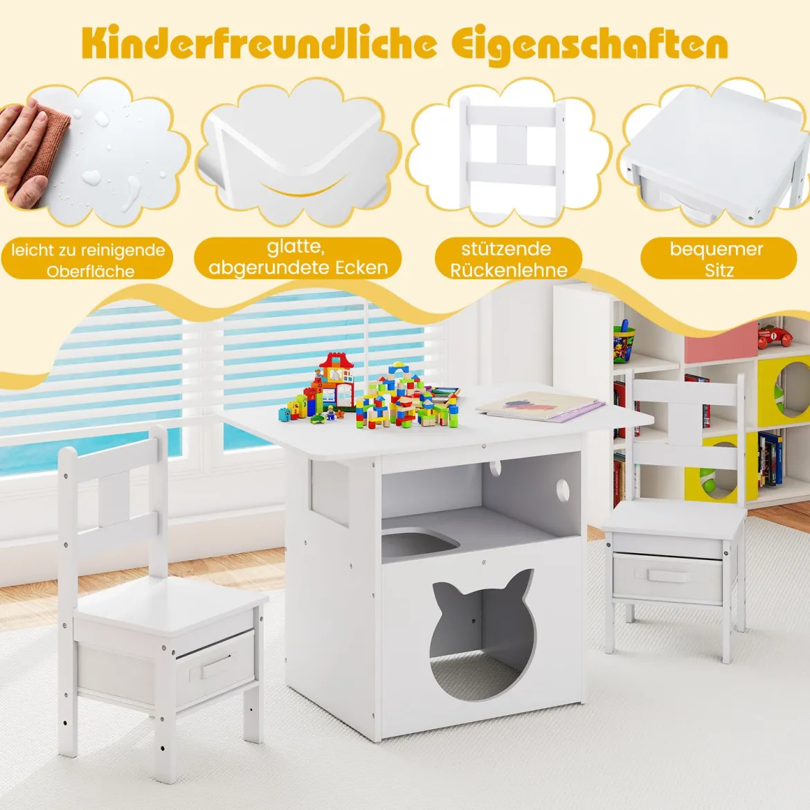 2 in 1 Kindersitzgruppe mit Katzenhaus 3 tlg. Kindertisch mit 2 Stühlen inkl. Stoffboxen Weiß