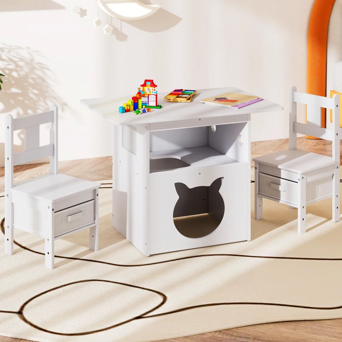 2 in 1 Kindersitzgruppe mit Katzenhaus 3 tlg. Kindertisch mit 2 Stühlen inkl. Stoffboxen Weiß