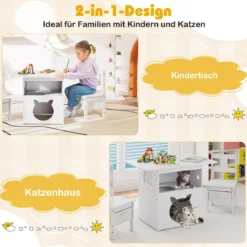 2 in 1 Kindersitzgruppe mit Katzenhaus 3 tlg. Kindertisch mit 2 Stühlen inkl. Stoffboxen Weiß