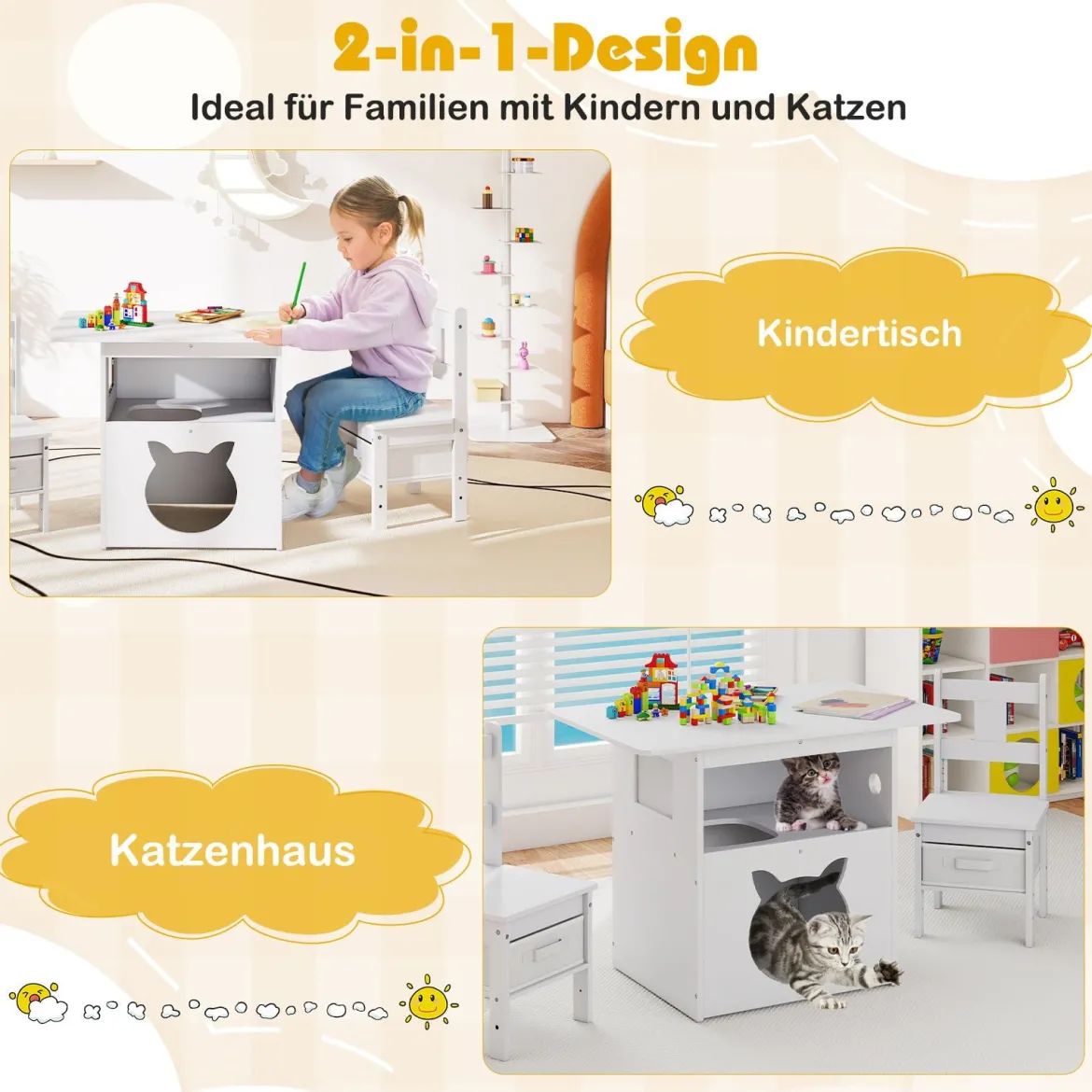 2 in 1 Kindersitzgruppe mit Katzenhaus 3 tlg. Kindertisch mit 2 Stühlen inkl. Stoffboxen Weiß