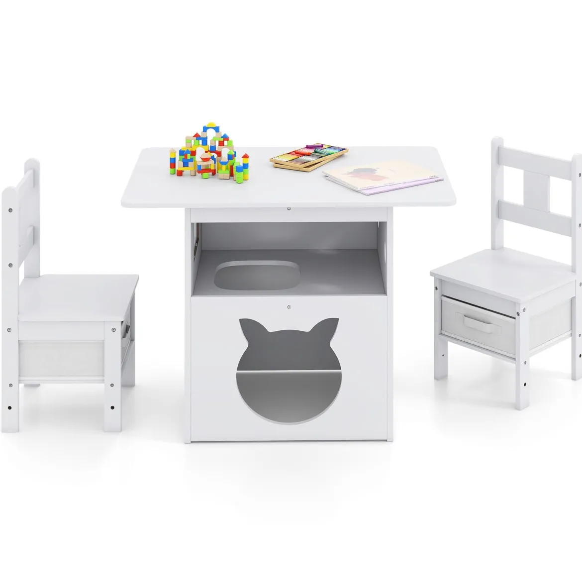 2 in 1 Kindersitzgruppe mit Katzenhaus 3 tlg. Kindertisch mit 2 Stühlen inkl. Stoffboxen Weiß