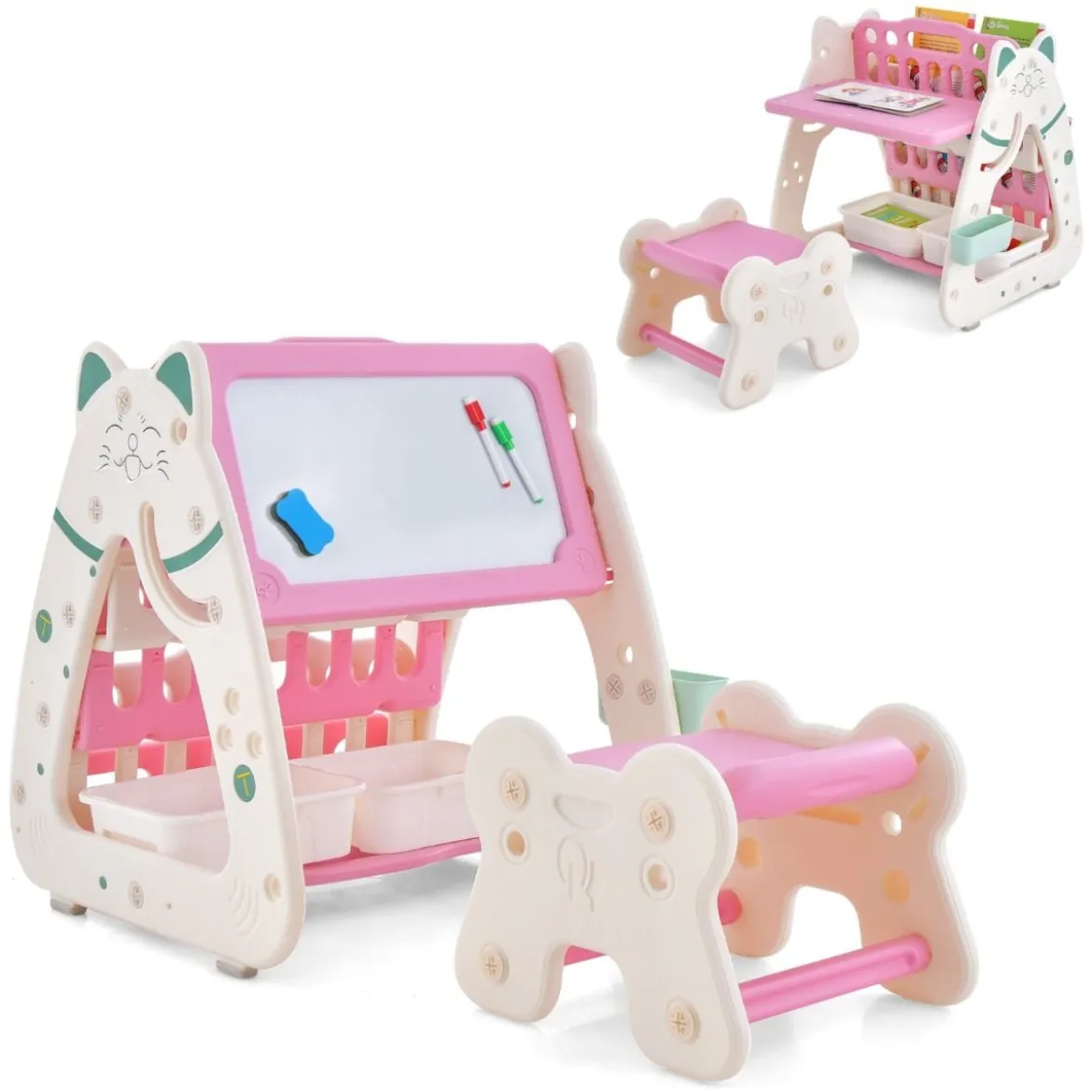 3 in 1 Kinder Sitzgruppe & Tafel & Bücherregal mit 3 Aufbewahrungsboxen & Hocker Rosa
