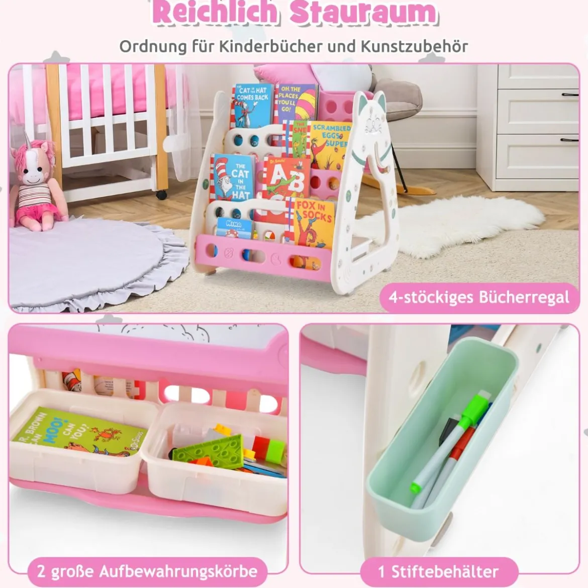 3 in 1 Kinder Sitzgruppe & Tafel & Bücherregal mit 3 Aufbewahrungsboxen & Hocker Rosa