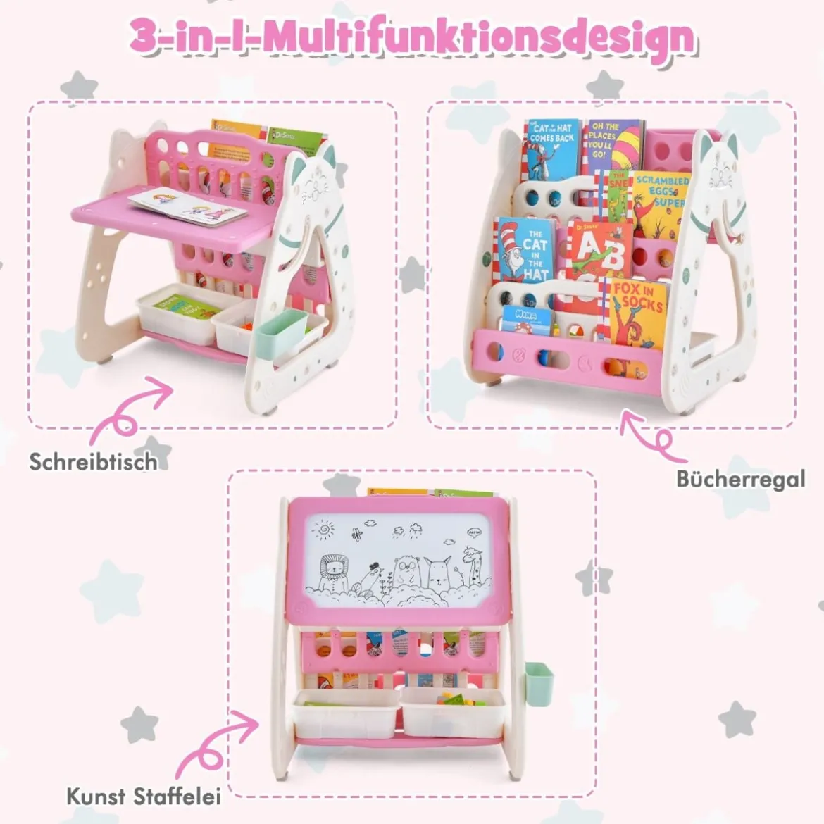 3 in 1 Kinder Sitzgruppe & Tafel & Bücherregal mit 3 Aufbewahrungsboxen & Hocker Rosa