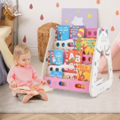 3 in 1 Kinder Sitzgruppe & Tafel & Bücherregal mit 3 Aufbewahrungsboxen & Hocker Rosa