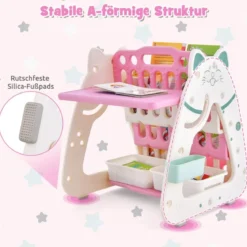 3 in 1 Kinder Sitzgruppe & Tafel & Bücherregal mit 3 Aufbewahrungsboxen & Hocker Rosa